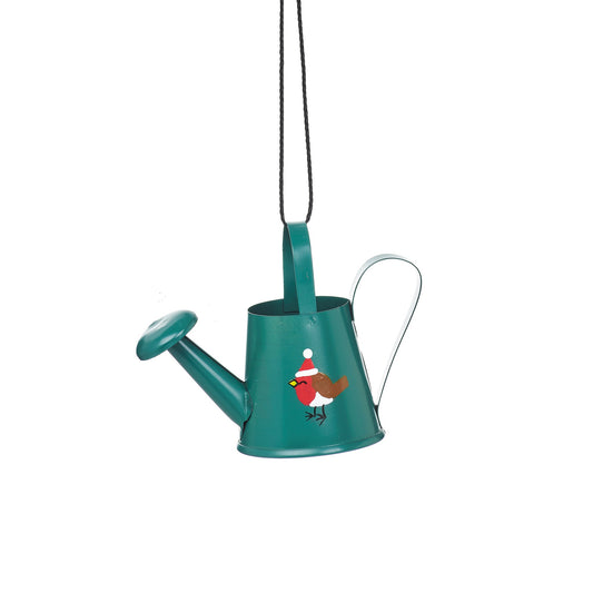 Green Watering Can with Robin Christmas Tree Decoration