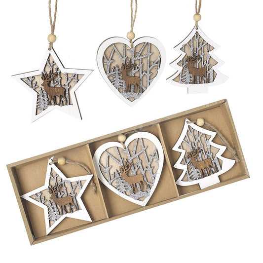 Set of 6 White & Silver Wooden Christmas Tree Decorations