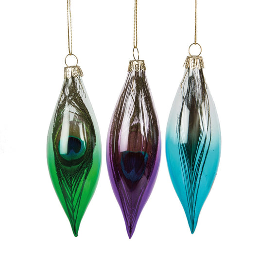 Peacock Feather Finial Glass Decorations