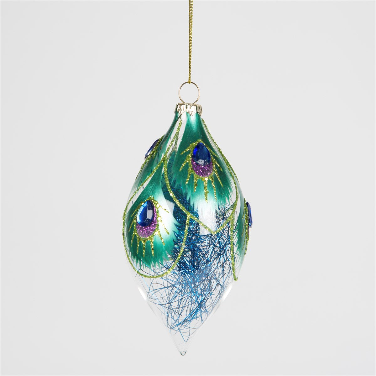 Peacock Feather & Tinsel Glass Decorations