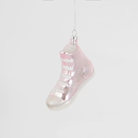 Pretty pink sneaker/trainer hanging decoration for your Christmas tree, made from glass.