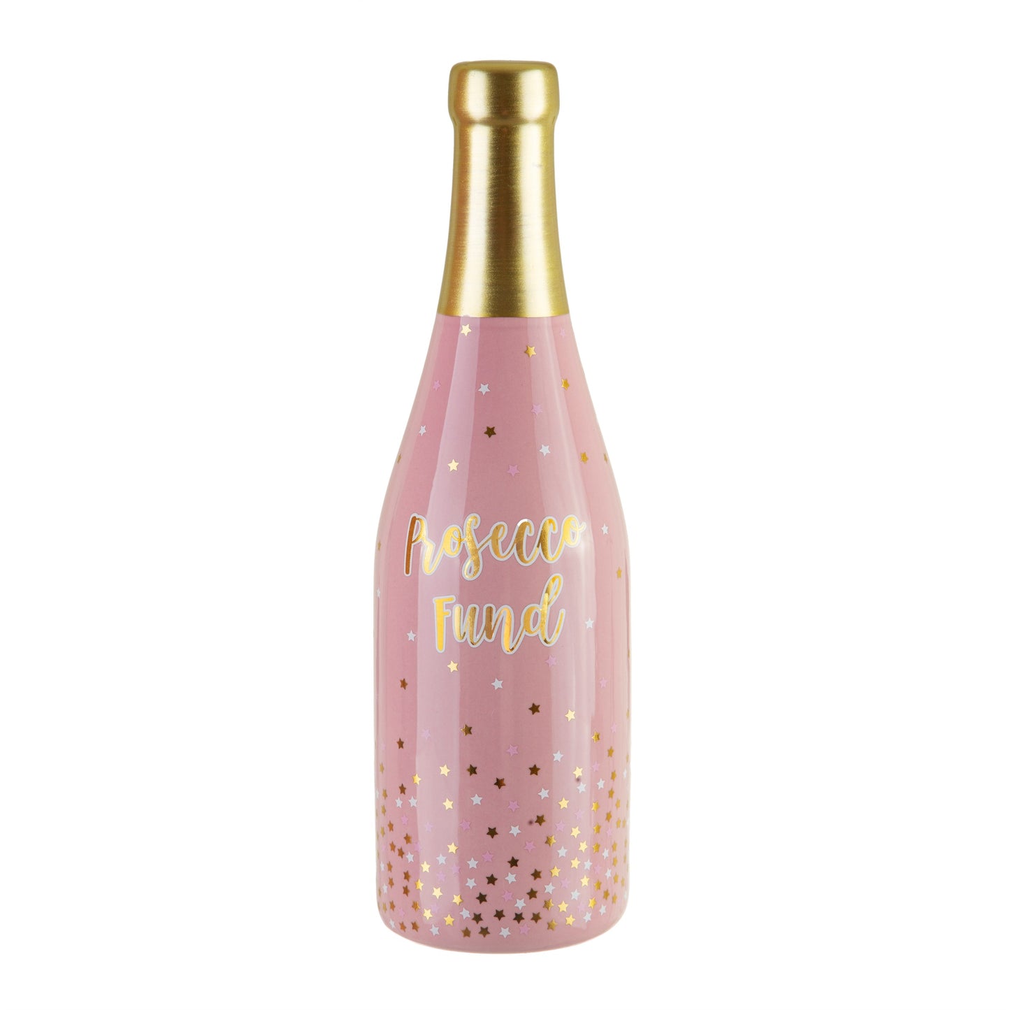 A pretty pink money bank in the form of a prosecco bottle!