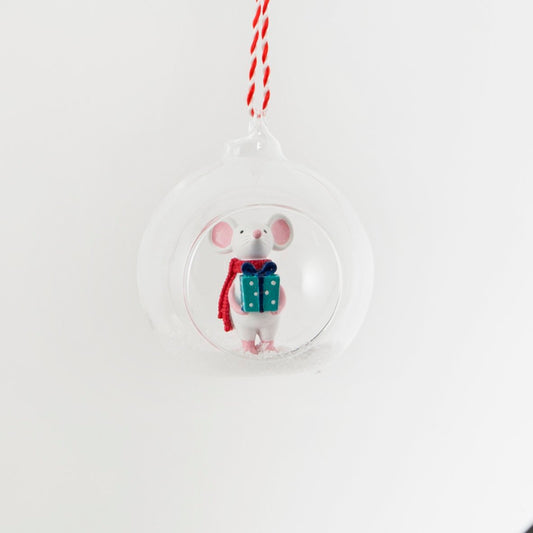 It surely can't get any cuter than this open bauble hanging Christmas decoration, featuring an adorable mouse wearing a scarf holding a beautifully wrapped Christmas gift in the snow.