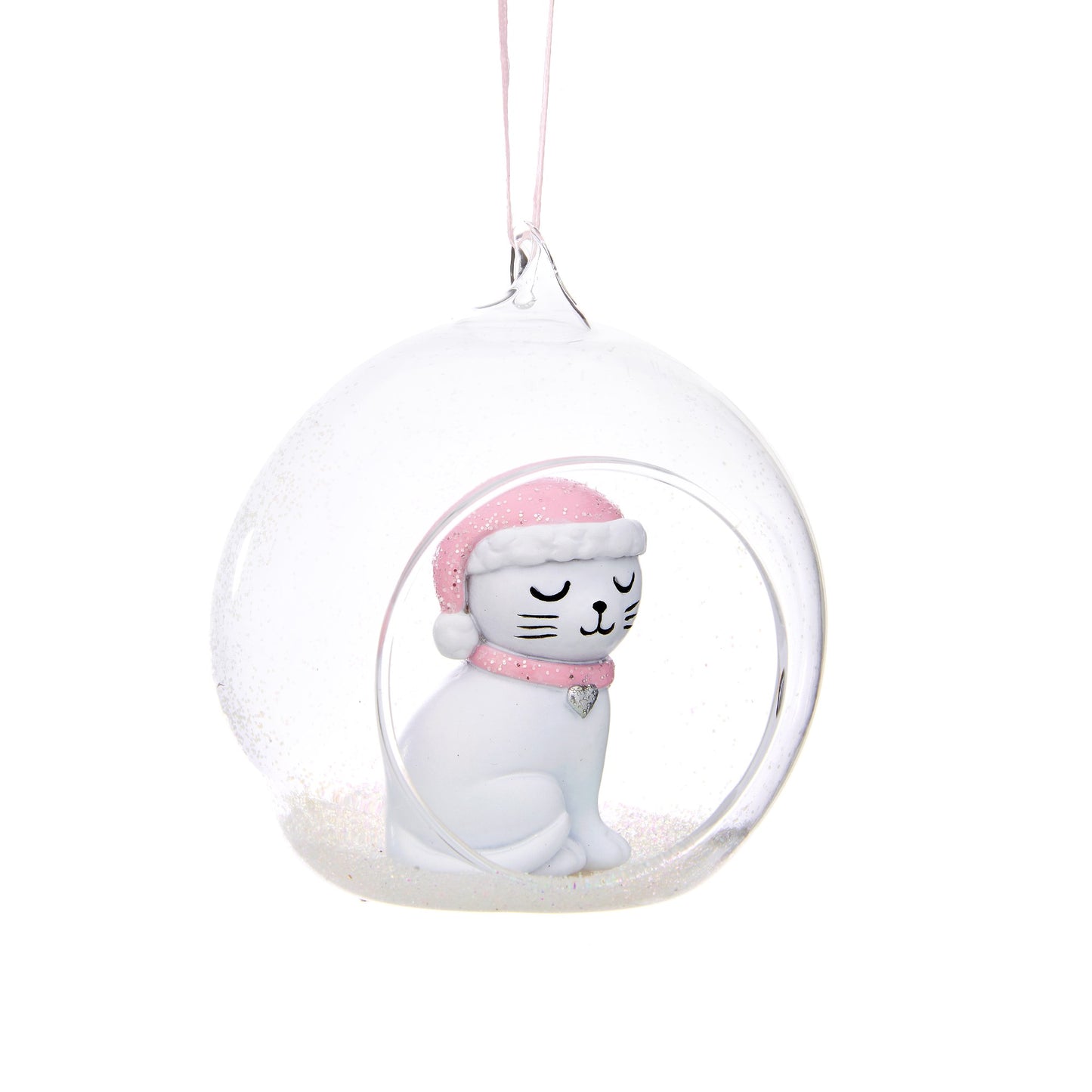 Cat with Pink Santa Hat Open Glass Christmas Bauble