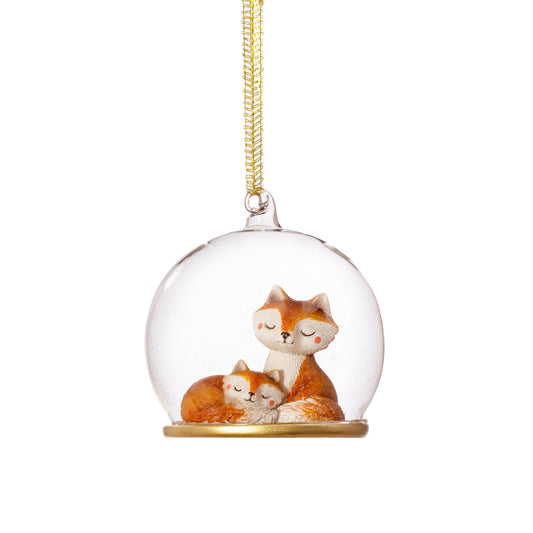 Mum & Baby Fox Glass Bauble Christmas Tree Decoration