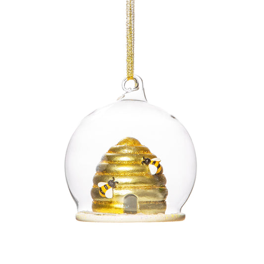 Beehive & Bees Glass Christmas Tree Decoration