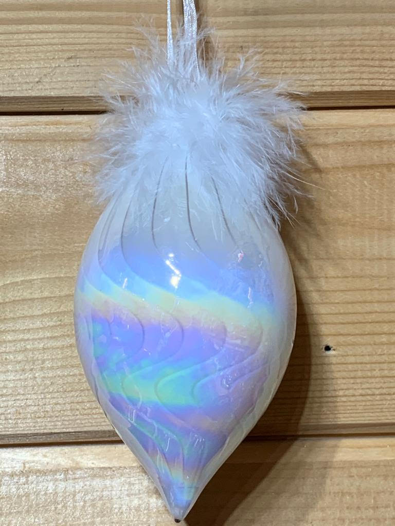 Shimmering, magical set of 3 white iridescent glass Christmas tree decorations with feathers, to bring a touch of glamour to your tree.