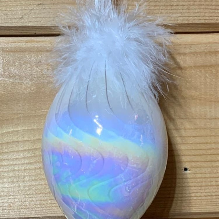 Shimmering, magical white iridescent glass Christmas tree decoration with feathers, in the shape of a pointed drop/finial to bring a touch of glamour to your tree.
