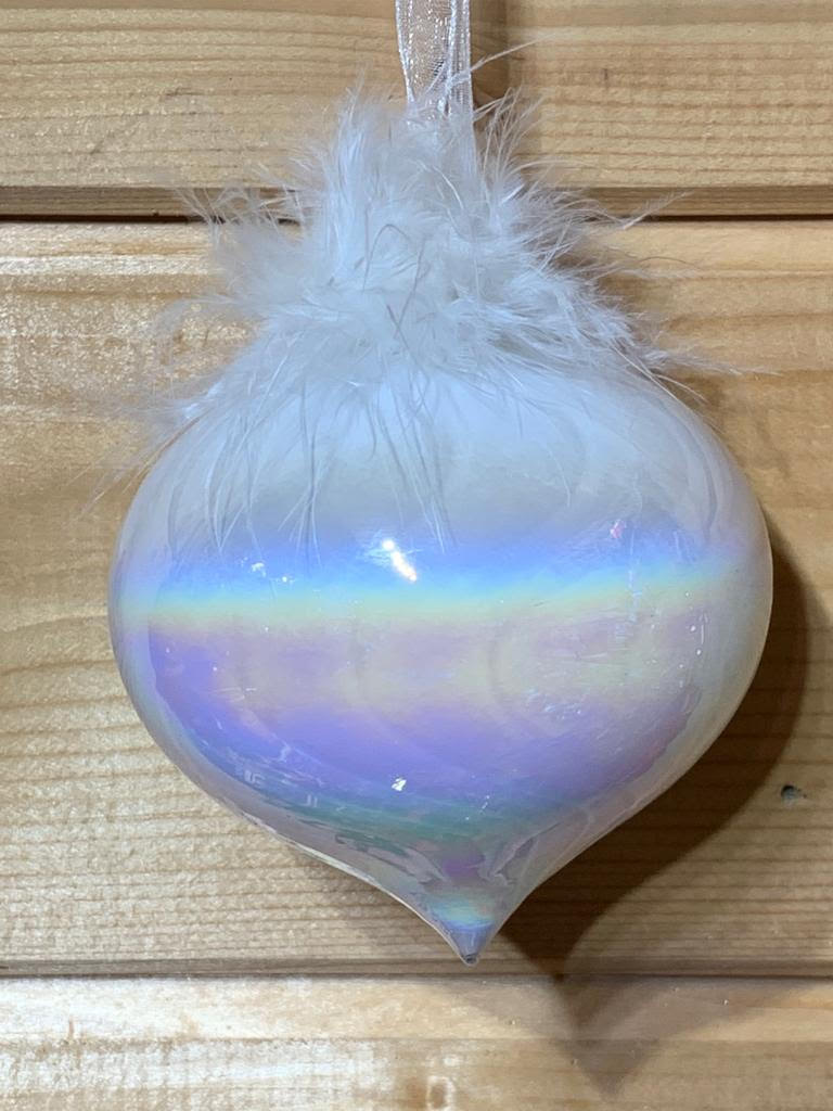 Shimmering, magical set of 3 white iridescent glass Christmas tree decorations with feathers, to bring a touch of glamour to your tree.