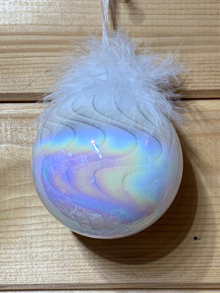 Shimmering, magical set of 3 white iridescent glass Christmas tree decorations with feathers, to bring a touch of glamour to your tree.