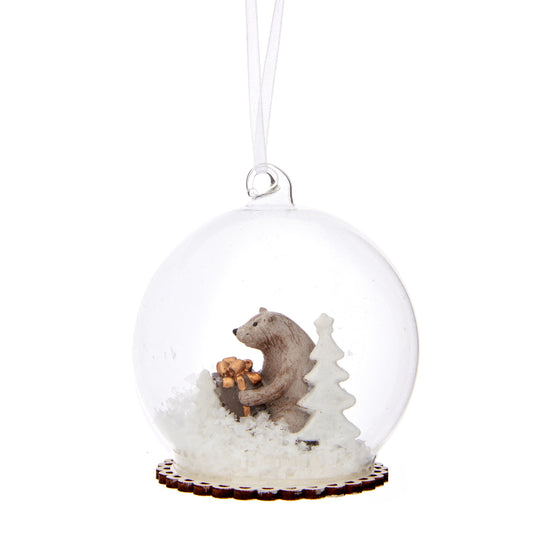 Bear with Gift in Snow Dome Glass Christmas Tree Bauble