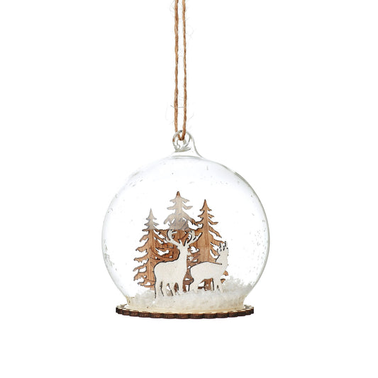 It doesn't really get any more magical than this!! Allow yourself to dream with this gorgeous stags in snow scened snow dome glass Christmas tree decoration: featuring wooden stags and trees in snow!