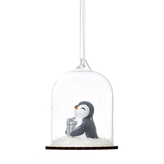 Penguin with Gift in Snow Glass Christmas Tree Bauble
