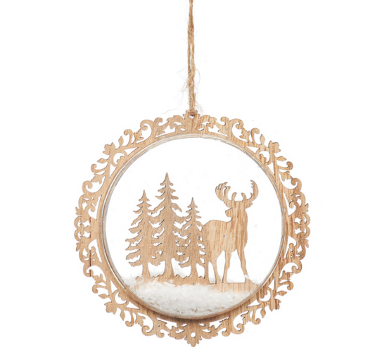 A charming wooden rustic stag/reindeer and forest hanging Christmas decoration with a gorgeous ornate pattern around the edge.