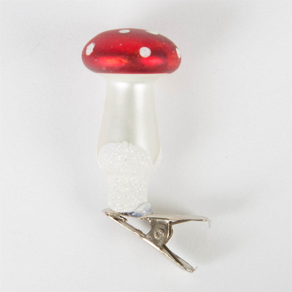 Red polkadot toadstool decorations for clipping on your Christmas tree