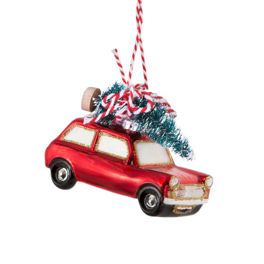 Red Car with Christmas Tree on Roof Hanging Bauble