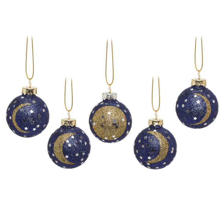 Make sure you have a Christmas that's out of this world with these unique 'phases of the moon' mini bauble set of 5 glass Christmas tree decorations!