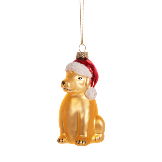 Puppy with Santa Hat Glass Christmas Bauble