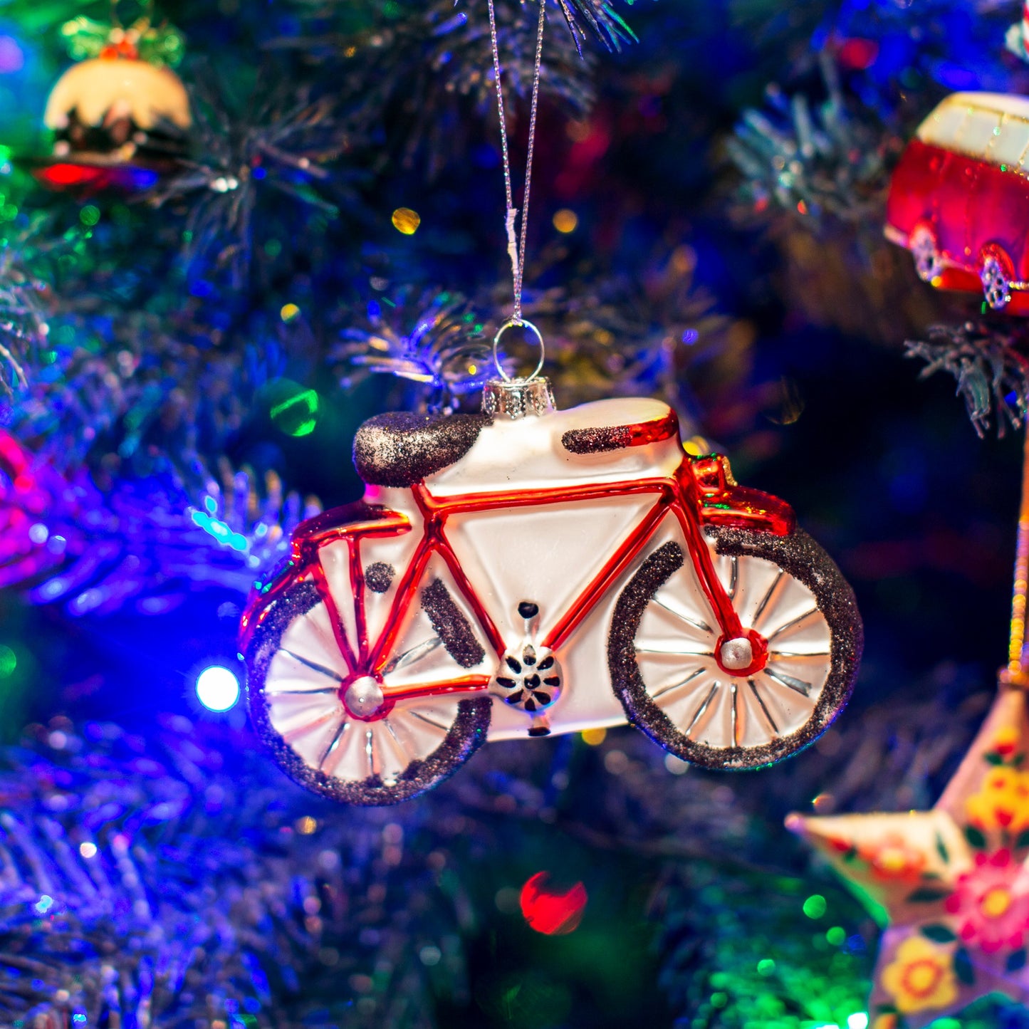 Red Pedal Bike Glass Christmas Hanging Bauble