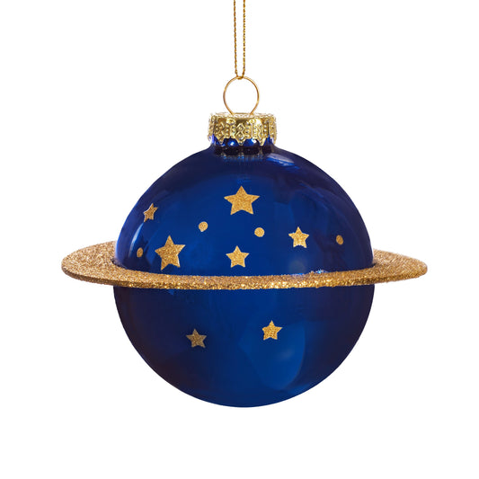 Planet Shaped Blue and Gold Glass Christmas Tree Bauble