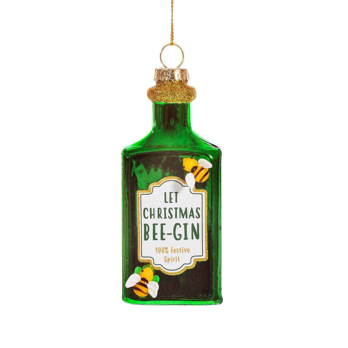 'Let Christmas Bee-Gin' Green Bottle Hanging Bauble