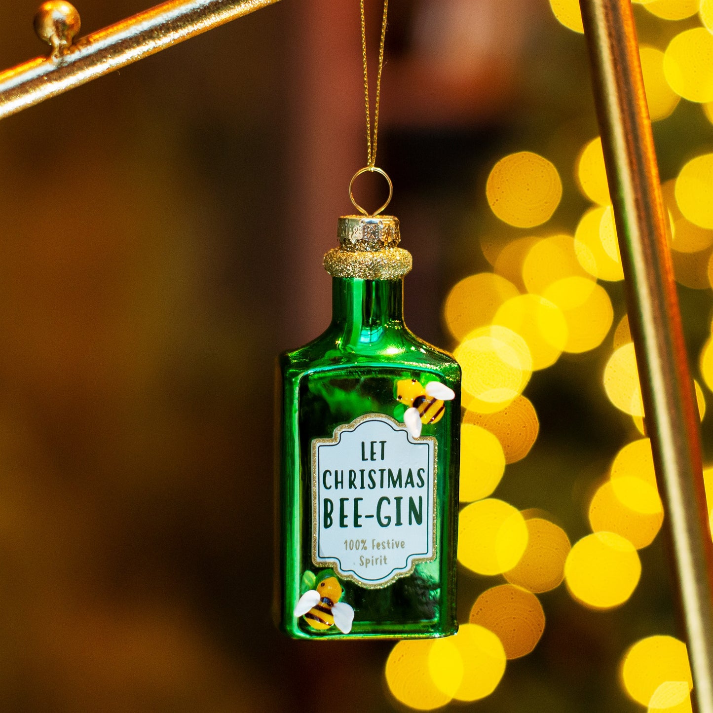 'Let Christmas Bee-Gin' Green Bottle Hanging Bauble