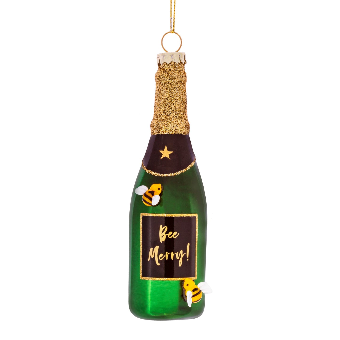 'Bee-Merry' Green Gold Champagne Bottle Hanging Bauble