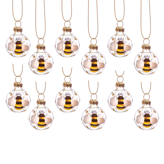 Bee Theme Mini Glass Christmas Tree Baubles (Set of 12)