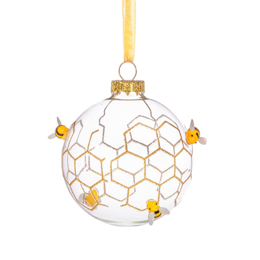 3D Bees and Honeycomb Design Glass Christmas Tree Bauble