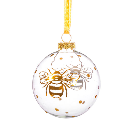 Golden Bees and Polka Dots Glass Christmas Tree Bauble