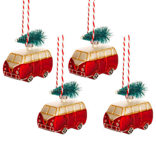 Red Camper Vans with Christmas Tree on Roof Mini Baubles (Set of 4)