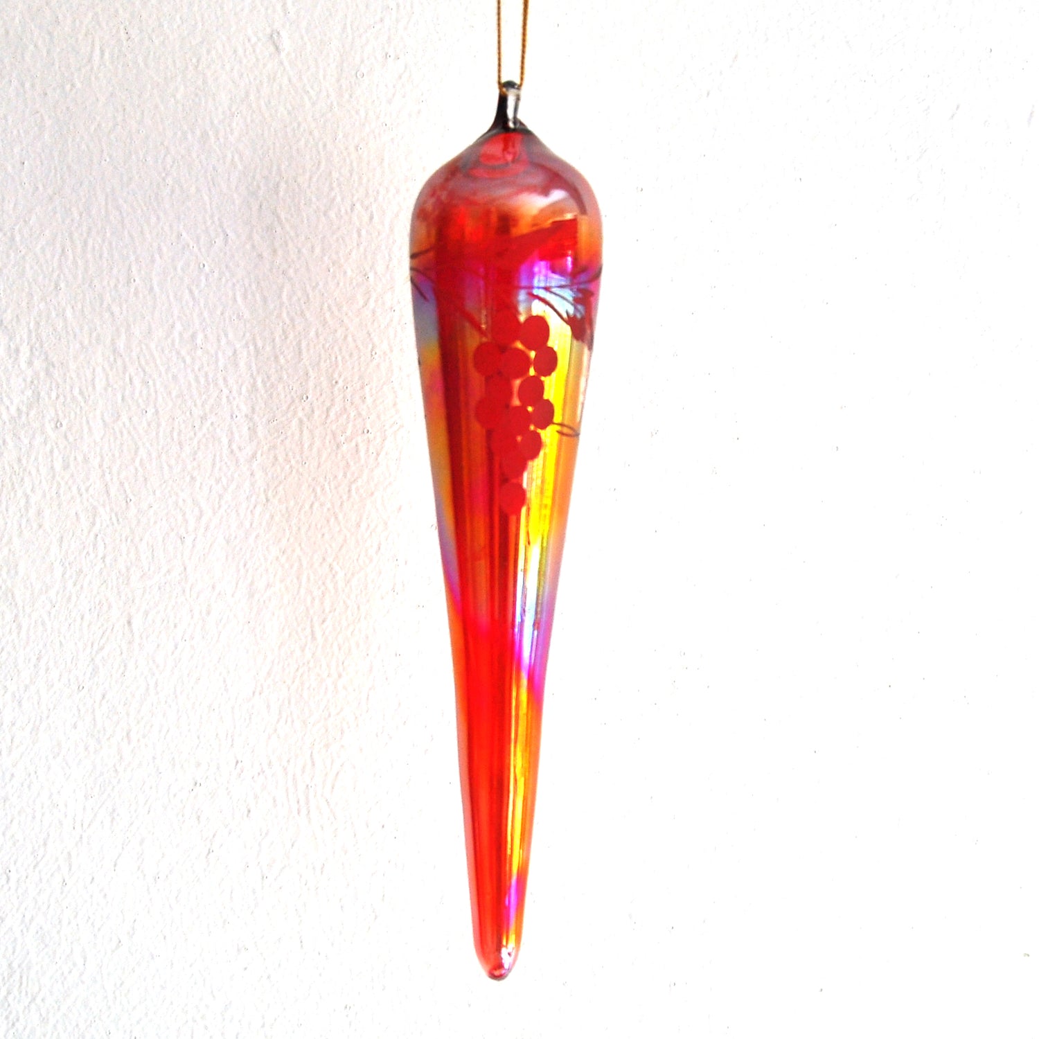 Red Iridescent Hollow Icicle with Etched Design to hang on your Christmas Tree or Window