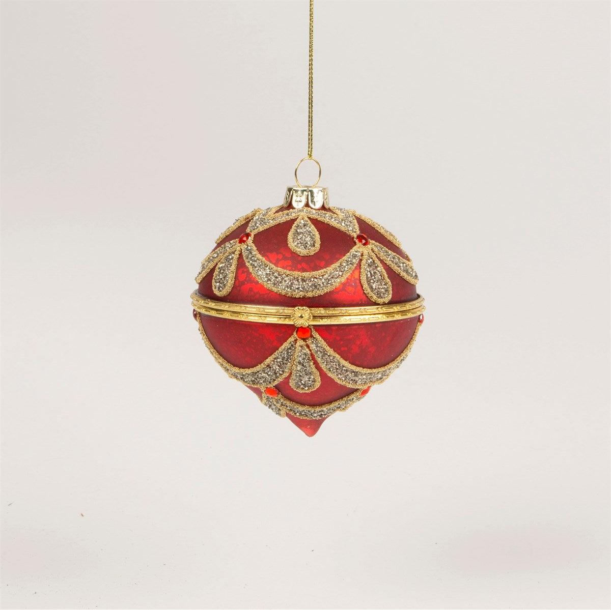 Red and gold glittery bauble that opens for a Christmas gift to hide in