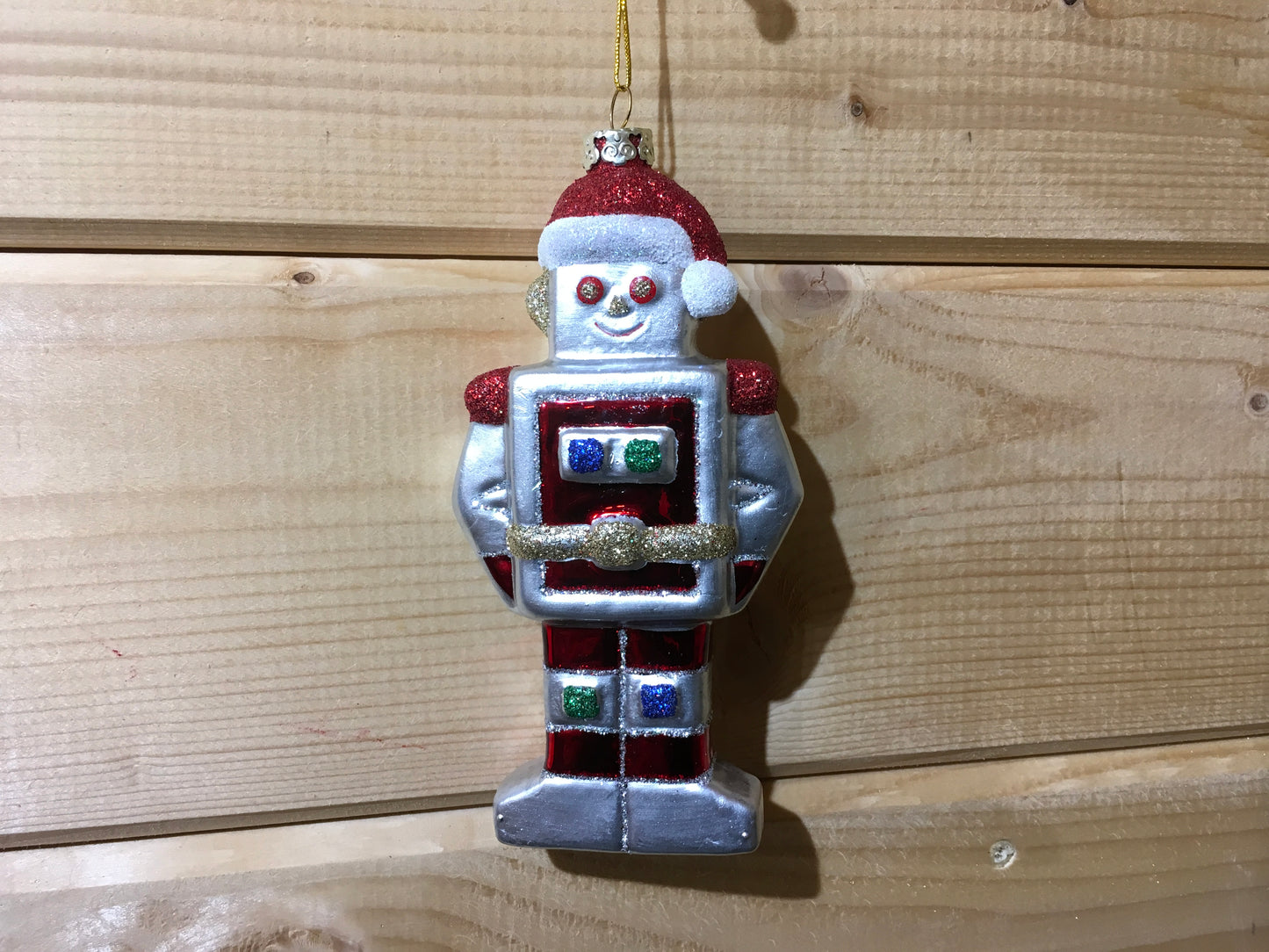 Festive red and silver robot in a Santa costume, hanging decoration for your Christmas Tree.