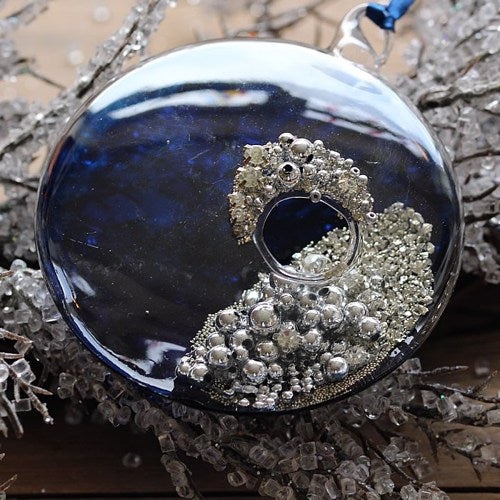Blue Flattened Sphere Glass Christmas Tree Bauble with Silver/Diamante