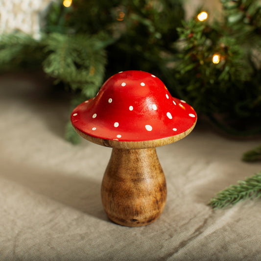 Red & White Polka Dot Wooden Toadstool Christmas Ornament