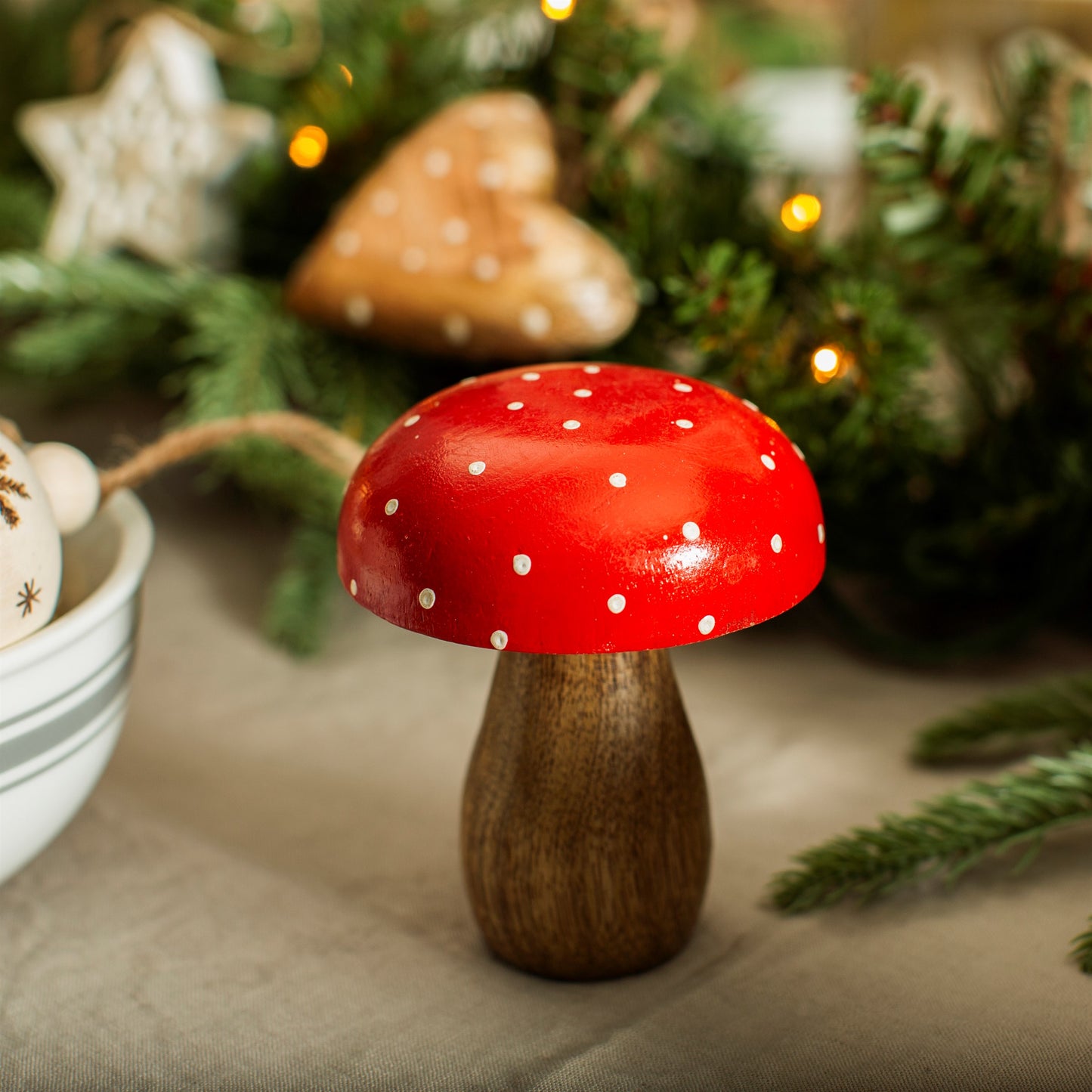 Red & White Polka Dot Wooden Mushroom Christmas Ornament
