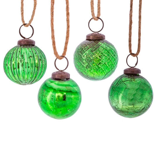 Green Crackle Glass Christmas Tree Baubles (Set of 4)