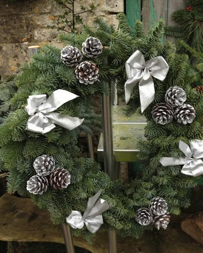 Empress Silver Bow Christmas Noble Fir Natural Wreath