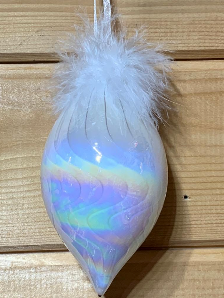 White Iridescent Pointed Drop Glass Decoration with Feathers