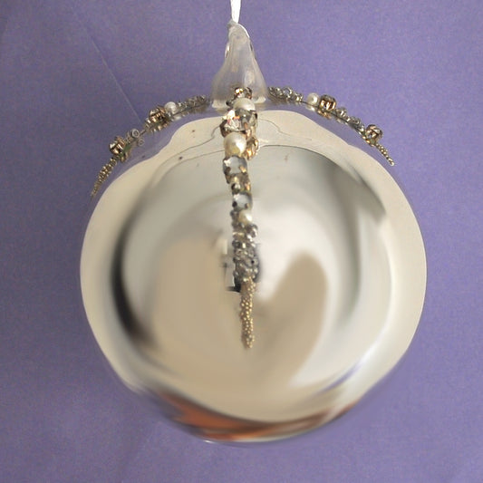 Silver mirror shiny glass hanging Christmas decoration with beads, pearls and diamonte detailing