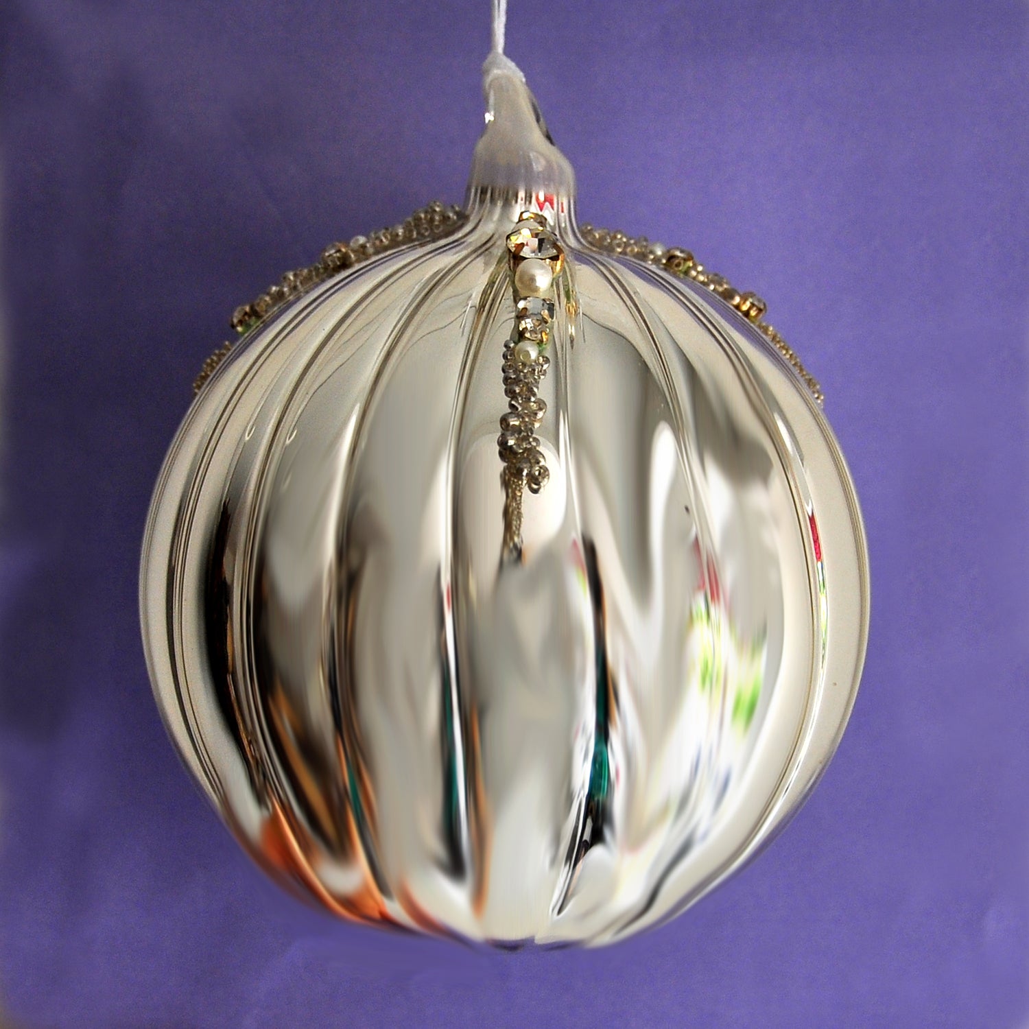 Shiny Silver Ridged Bauble Glass Christmas Decoration Beads for Christmas Trees