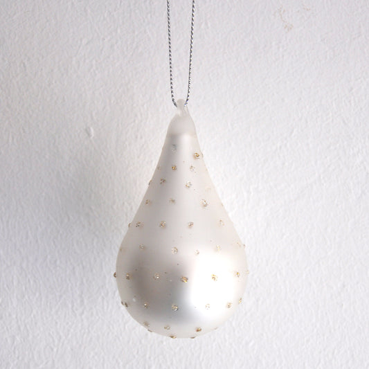 silver pear shaped glass bauble with gold glitter polkadots