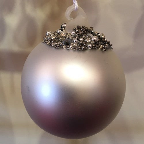 Matt Silver Bauble Glass Christmas Tree Decoration with Beading (8cm)