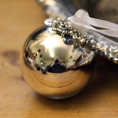Shiny Silver Bauble Glass Christmas Tree Decoration with Beading (4cm)