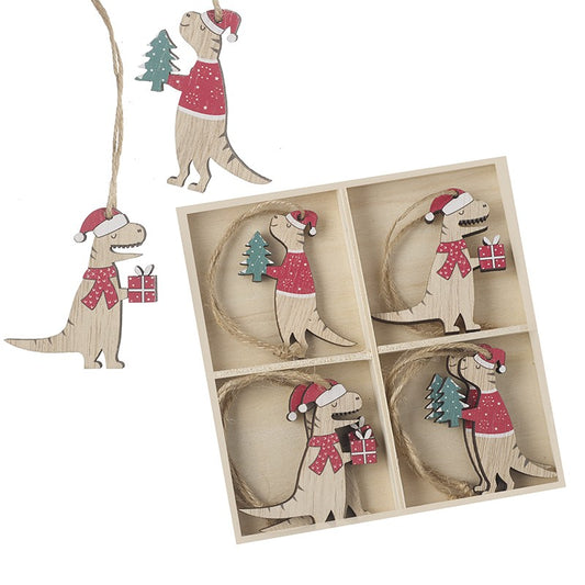 Set of 8 Wooden Dinosaur Christmas Tree Decorations