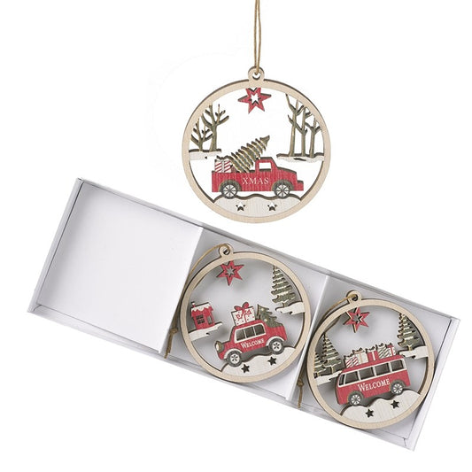 Set of 3 Wooden Vehicle Christmas Tree Decorations