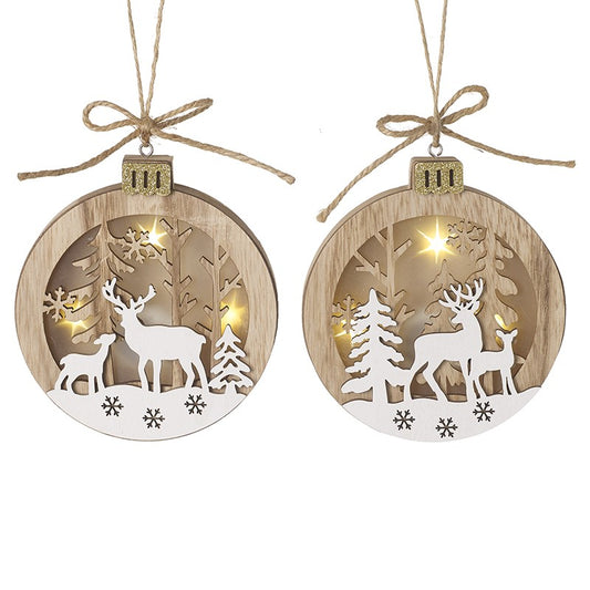 Pair of Wooden Light Up Stags in Snow Scene Christmas Tree Decorations