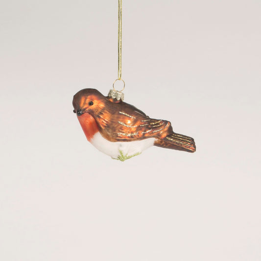 Robin Sitting on a Branch Glass Christmas Tree Decoration