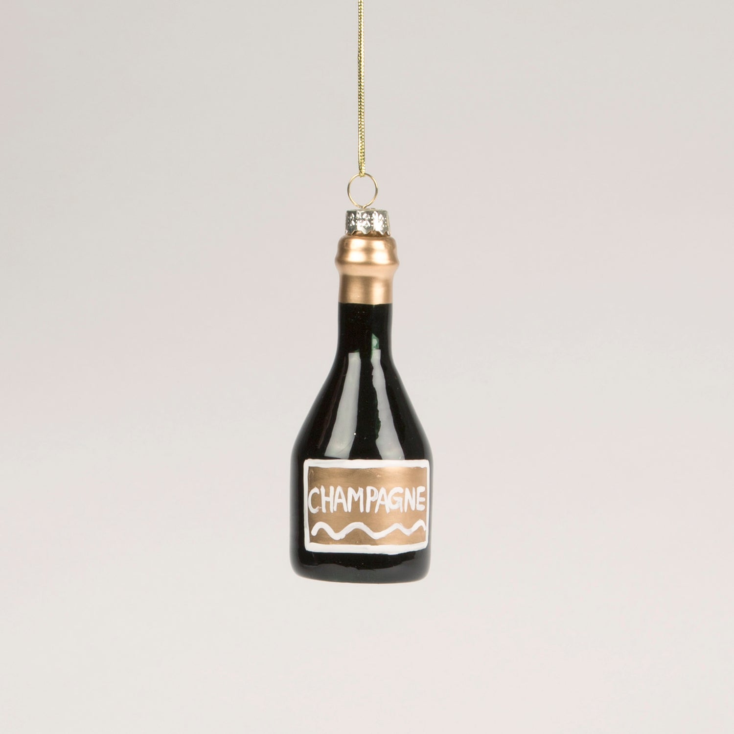 Opulent black and gold glass champagne bottle Christmas Tree bauble.